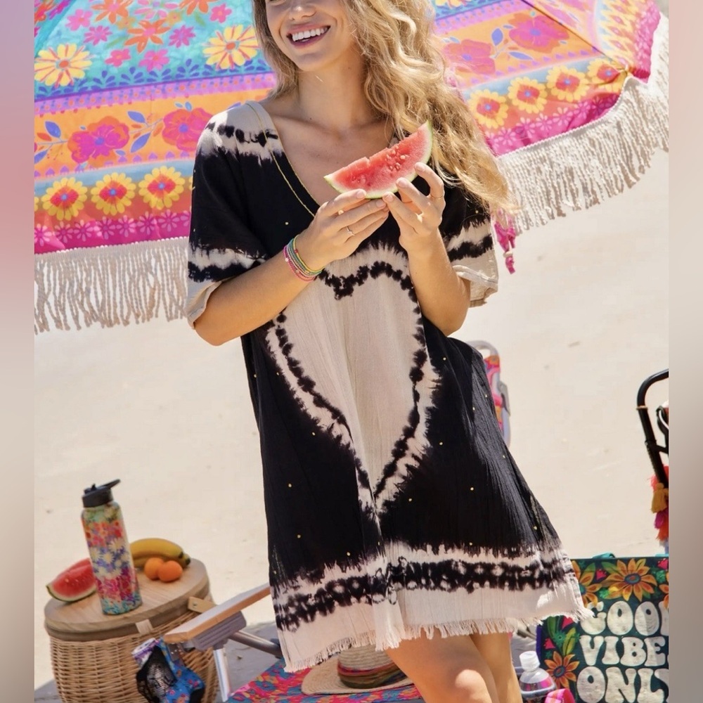 NATURAL LIFE COTTON GAUZE HEART TIE DYE TUNIC TOP ONE SIZE
